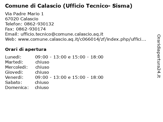Comune di Calascio (Ufficio Tecnico- Suap- Sisma) a Calascio: indirizzo e orari di apertura