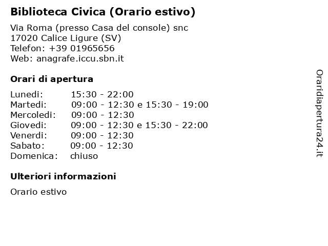 Biblioteca Civica (Orario estivo) a Calice Ligure (SV): indirizzo e orari di apertura