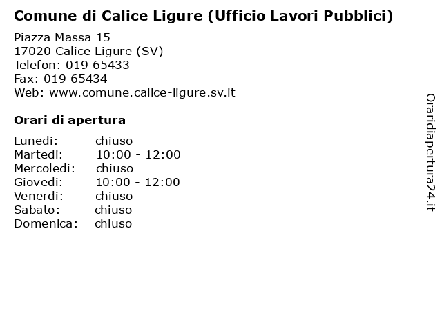 Comune di Calice Ligure (Ufficio Lavori Pubblici) a Calice Ligure (SV): indirizzo e orari di apertura