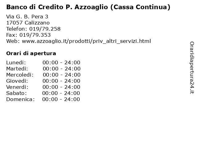 Banco di Credito P. Azzoaglio (Cassa Continua) a Calizzano: indirizzo e orari di apertura