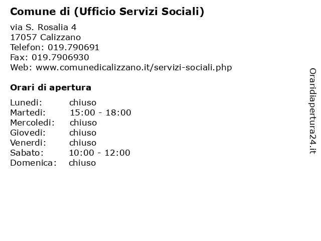 Comune di (Ufficio Servizi Sociali) a Calizzano: indirizzo e orari di apertura