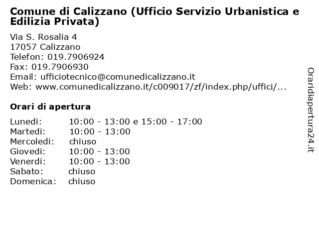 Comune di Calizzano (Ufficio Servizio Urbanistica e Edilizia Privata) a Calizzano: indirizzo e orari di apertura
