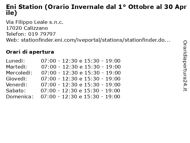 Eni Station (Orario Invernale dal 1° Ottobre al 30 Aprile) a Calizzano: indirizzo e orari di apertura