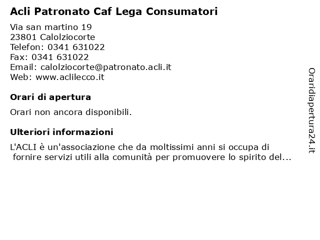 Acli Patronato Caf Lega Consumatori a Calolziocorte: indirizzo e orari di apertura