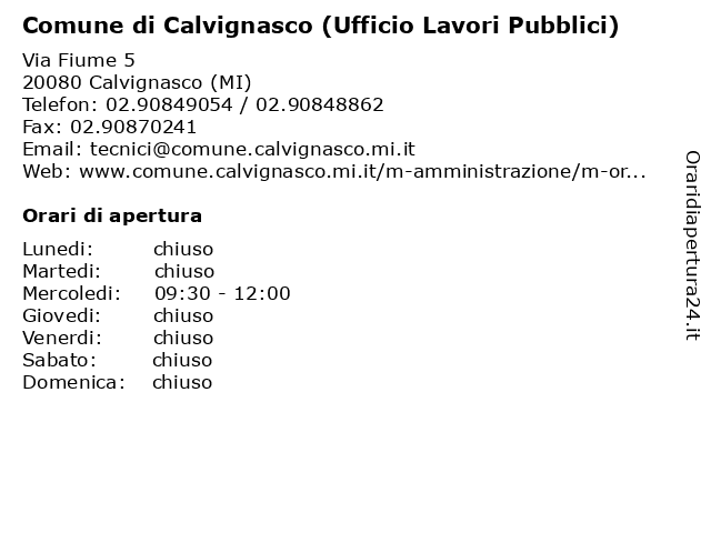 Comune di Calvignasco (Ufficio Lavori Pubblici) a Calvignasco (MI): indirizzo e orari di apertura