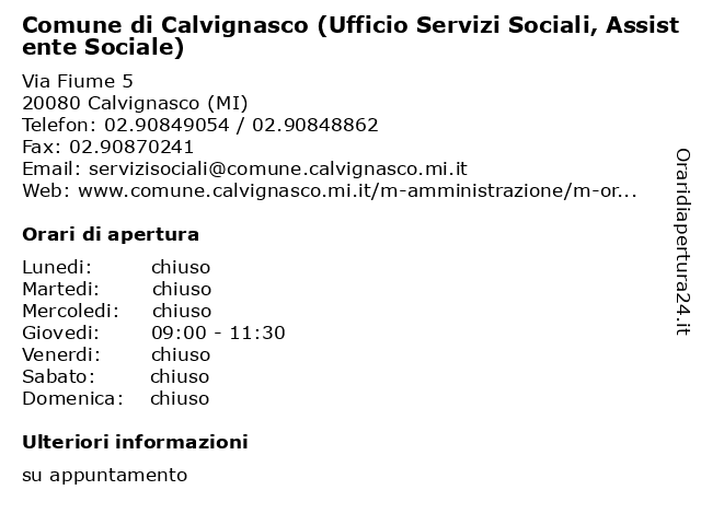 Comune di Calvignasco (Ufficio Servizi Sociali, Assistente Sociale) a Calvignasco (MI): indirizzo e orari di apertura