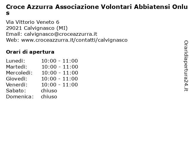 Croce Azzurra Associazione Volontari Abbiatensi Onlus a Calvignasco (MI): indirizzo e orari di apertura