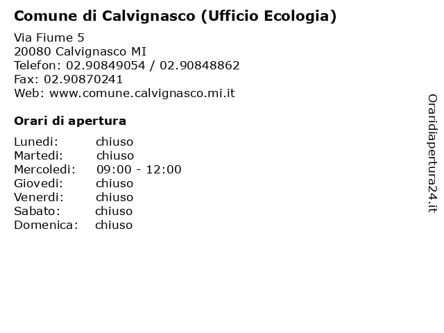 Comune di Calvignasco (Ufficio Ecologia) a Calvignasco MI: indirizzo e orari di apertura