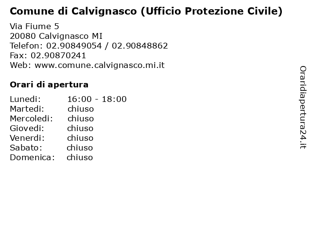 Comune di Calvignasco (Ufficio Protezione Civile) a Calvignasco MI: indirizzo e orari di apertura