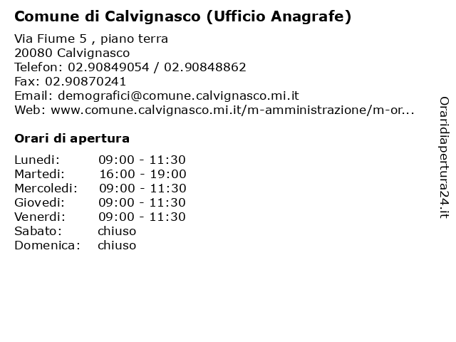 Comune di Calvignasco (Ufficio Anagrafe) a Calvignasco: indirizzo e orari di apertura