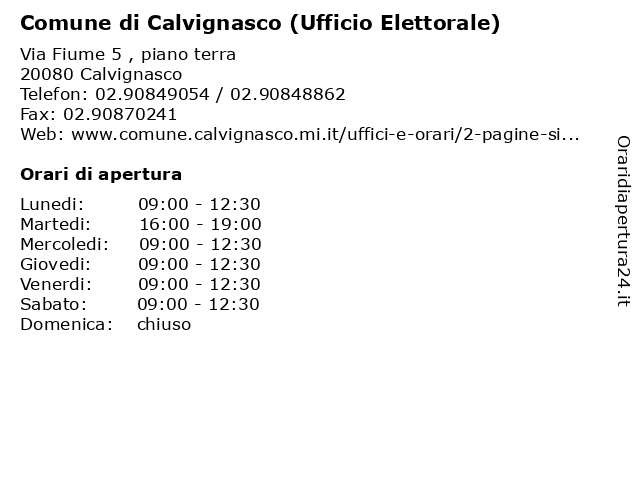 Comune di Calvignasco (Ufficio Elettorale) a Calvignasco: indirizzo e orari di apertura
