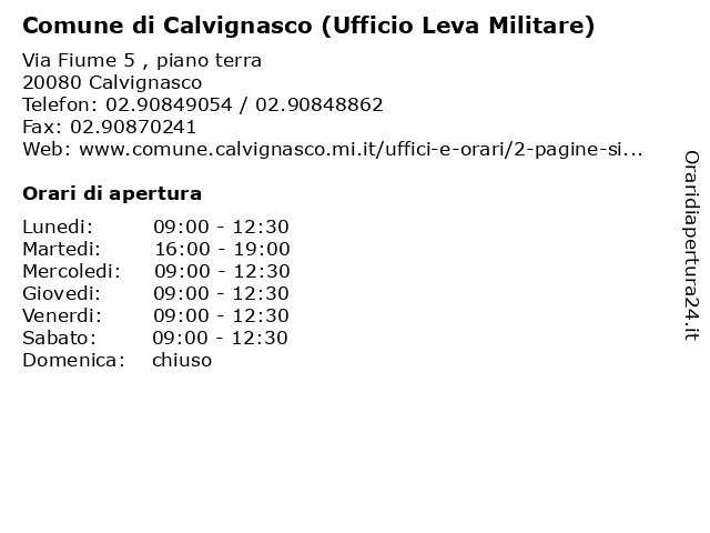 Comune di Calvignasco (Ufficio Leva Militare) a Calvignasco: indirizzo e orari di apertura
