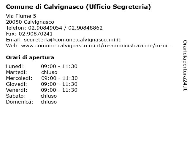 Comune di Calvignasco (Ufficio Segreteria) a Calvignasco: indirizzo e orari di apertura