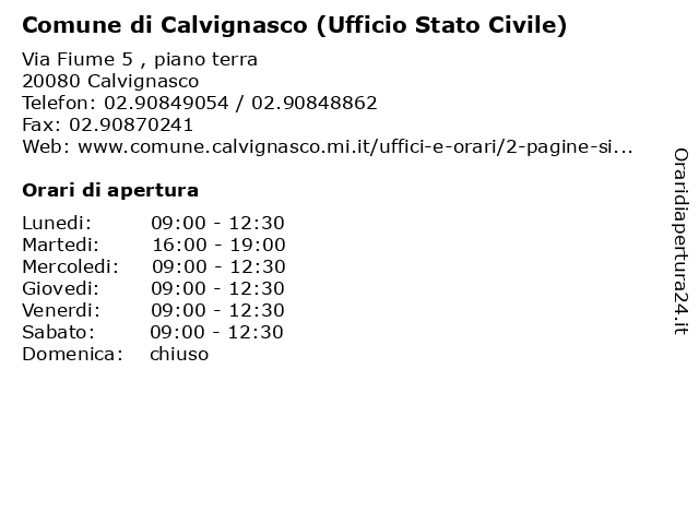 Comune di Calvignasco (Ufficio Stato Civile) a Calvignasco: indirizzo e orari di apertura