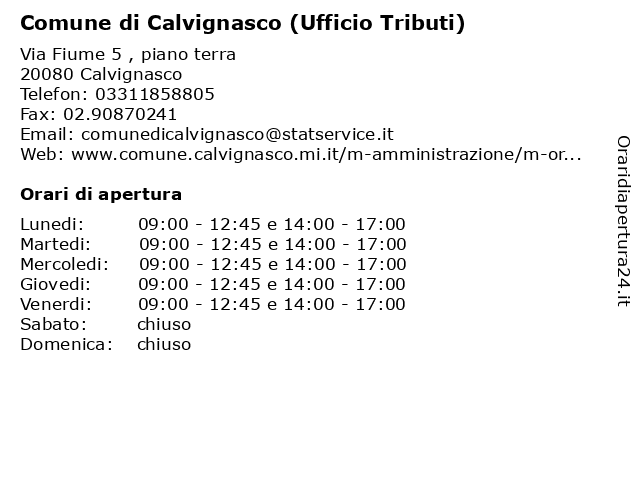 Comune di Calvignasco (Ufficio Tributi) a Calvignasco: indirizzo e orari di apertura