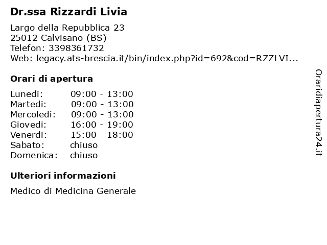 Dr.ssa Rizzardi Livia a Calvisano (BS): indirizzo e orari di apertura