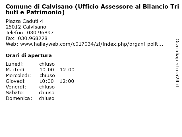 Comune di Calvisano (Ufficio Assessore al Bilancio Tributi e Patrimonio) a Calvisano: indirizzo e orari di apertura