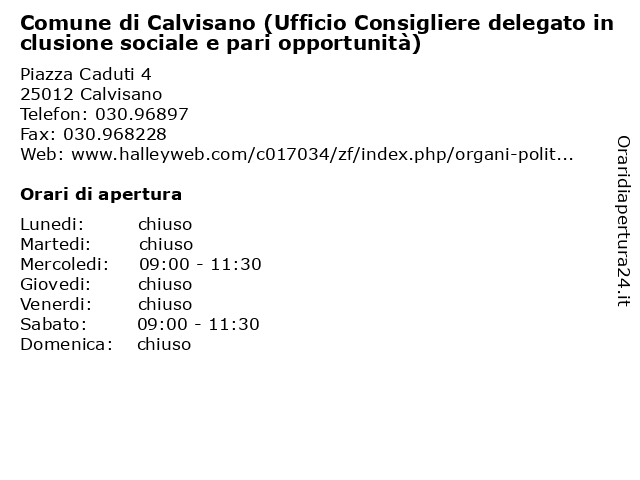 Comune di Calvisano (Ufficio Consigliere delegato inclusione sociale e pari opportunità) a Calvisano: indirizzo e orari di apertura