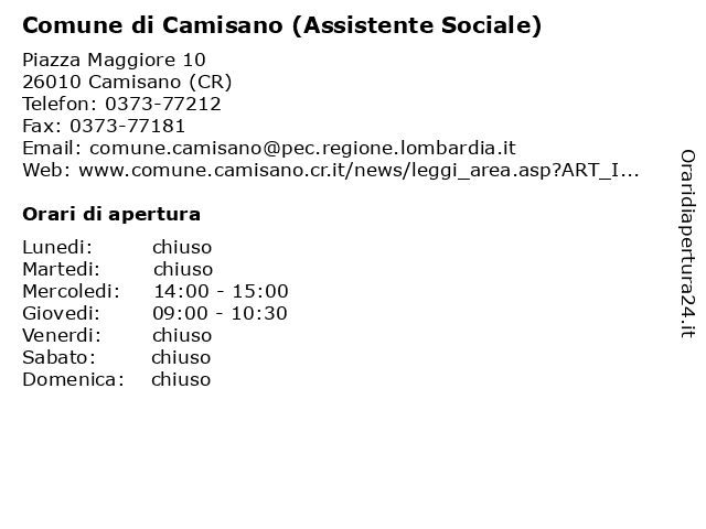 Comune di Camisano (Assistente Sociale) a Camisano (CR): indirizzo e orari di apertura