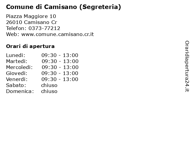 Comune di Camisano (Segreteria) a Camisano Cr: indirizzo e orari di apertura