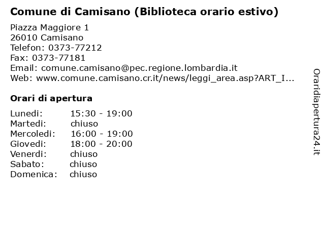 Comune di Camisano (Biblioteca orario estivo) a Camisano: indirizzo e orari di apertura