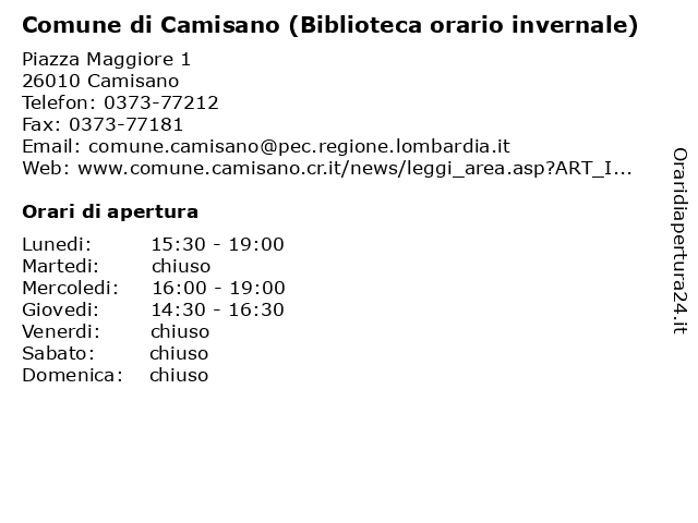 Comune di Camisano (Biblioteca orario invernale) a Camisano: indirizzo e orari di apertura
