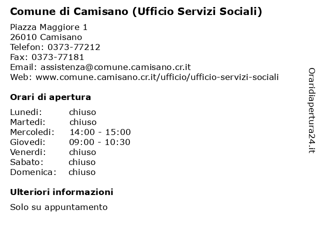 Comune di Camisano (Ufficio Assistente Sociale) a Camisano: indirizzo e orari di apertura