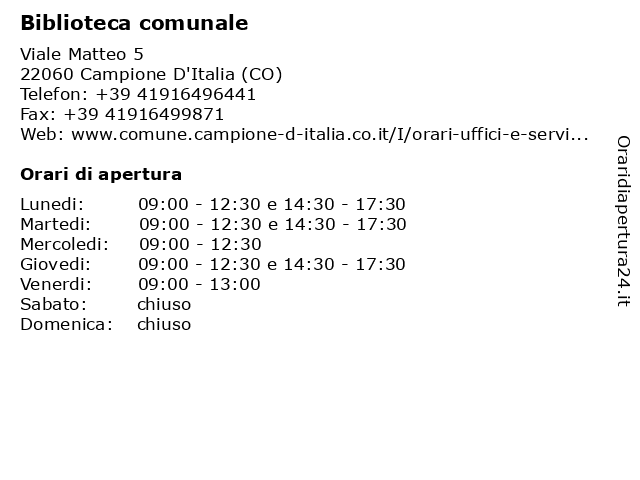 Biblioteca comunale a Campione D'Italia (CO): indirizzo e orari di apertura