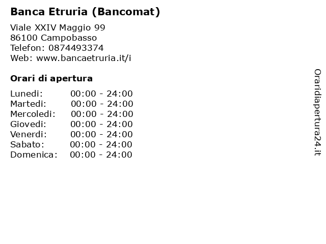 Banca Etruria (Bancomat) a Campobasso: indirizzo e orari di apertura