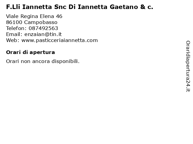 F.Lli Iannetta Snc Di Iannetta Gaetano & c. a Campobasso: indirizzo e orari di apertura