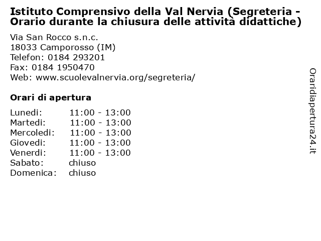 Istituto Comprensivo della Val Nervia (Segreteria - Orario durante la chiusura delle attività didattiche) a Camporosso (IM): indirizzo e orari di apertura