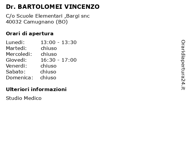 Dr. BARTOLOMEI VINCENZO a Camugnano (BO): indirizzo e orari di apertura