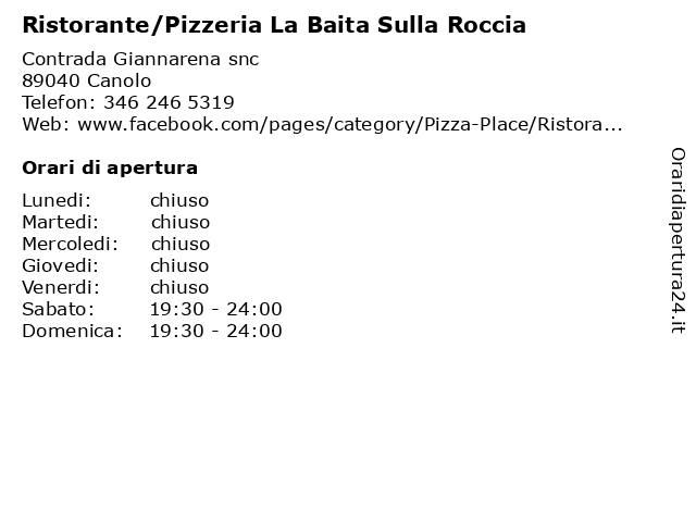 Ristorante/Pizzeria La Baita Sulla Roccia a Canolo: indirizzo e orari di apertura