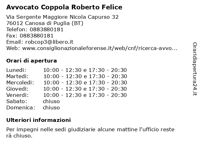 Avvocato Coppola Roberto Felice a Canosa di Puglia (BT): indirizzo e orari di apertura