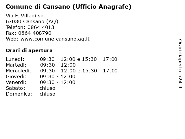 Comune di Cansano (Ufficio Anagrafe) a Cansano (AQ): indirizzo e orari di apertura
