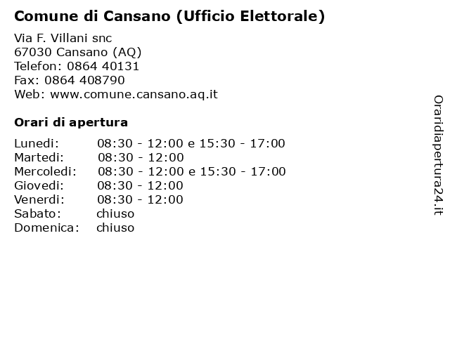 Comune di Cansano (Ufficio Elettorale) a Cansano (AQ): indirizzo e orari di apertura