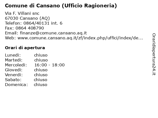 Comune di Cansano (Ufficio Ragioneria) a Cansano (AQ): indirizzo e orari di apertura