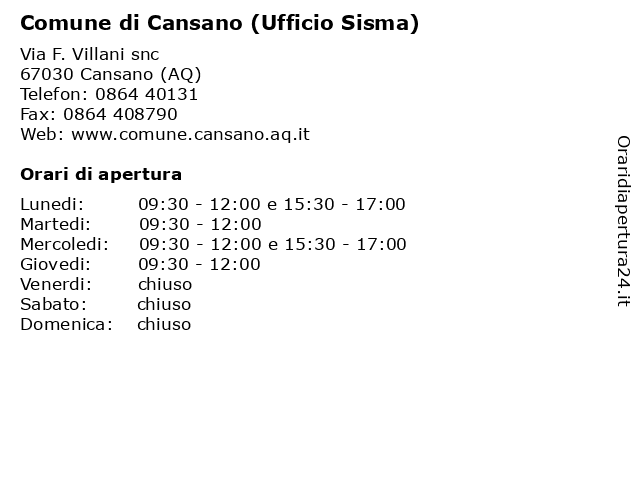 Comune di Cansano (Ufficio Sisma) a Cansano (AQ): indirizzo e orari di apertura