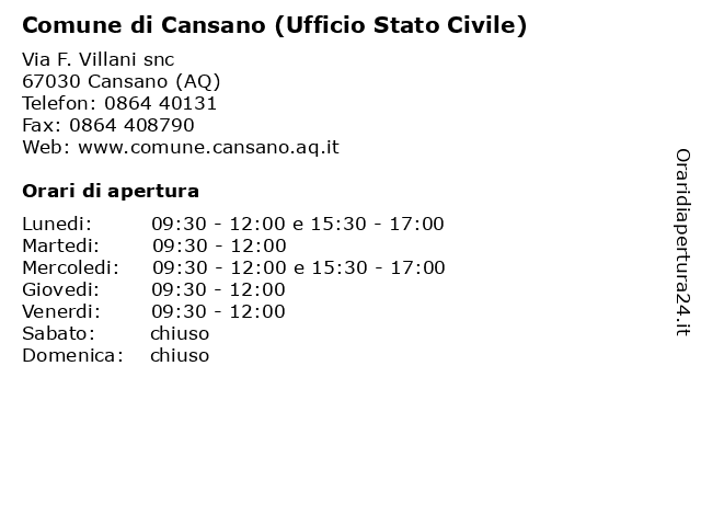 Comune di Cansano (Ufficio Stato Civile) a Cansano (AQ): indirizzo e orari di apertura