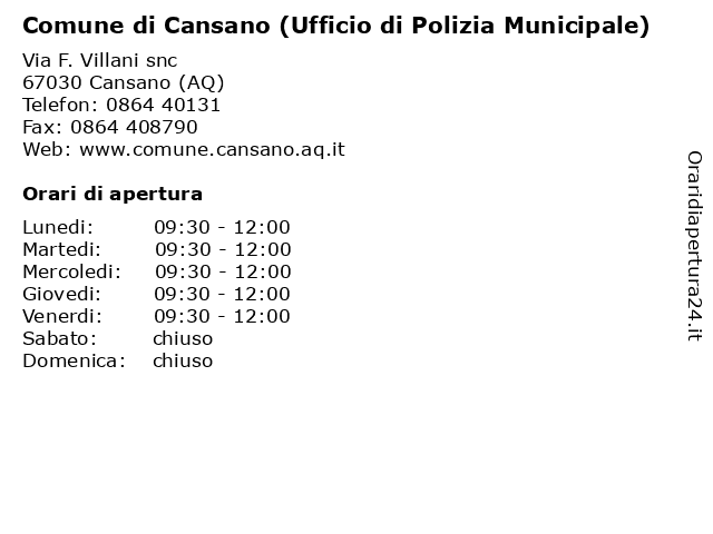 Comune di Cansano (Ufficio di Polizia Municipale) a Cansano (AQ): indirizzo e orari di apertura