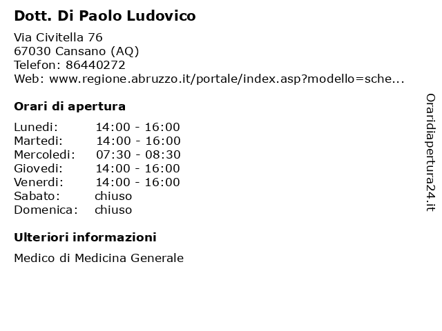 Dott. Di Paolo Ludovico a Cansano (AQ): indirizzo e orari di apertura