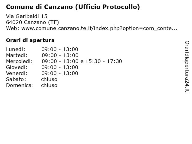 Comune di Canzano (Ufficio Protocollo) a Canzano (TE): indirizzo e orari di apertura