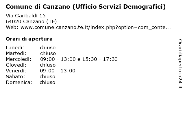 Comune di Canzano (Ufficio Servizi Demografici) a Canzano (TE): indirizzo e orari di apertura