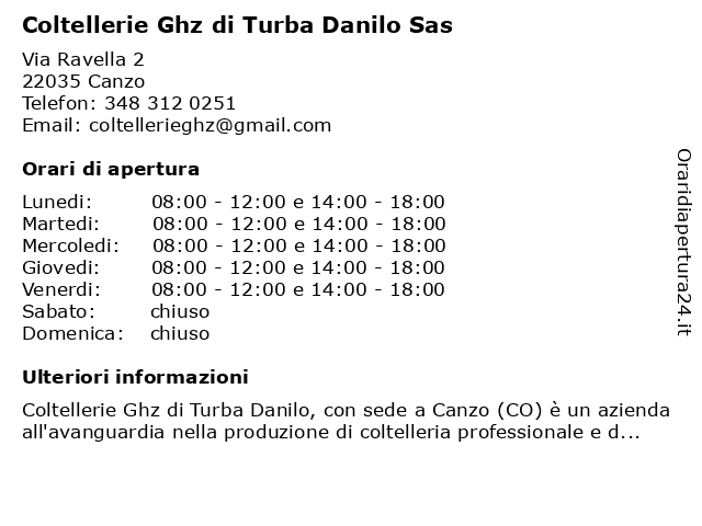 Coltellerie Ghz di Turba Danilo s.a.s. a Canzo: indirizzo e orari di apertura