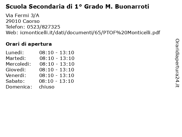 Scuola Secondaria di 1° Grado M. Buonarroti a Caorso: indirizzo e orari di apertura