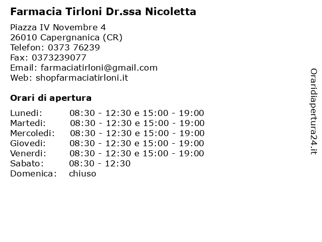 Farmacia Tirloni Dr.ssa Nicoletta a Capergnanica (CR): indirizzo e orari di apertura