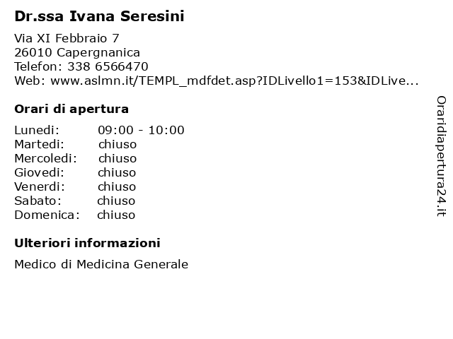 Ambulatorio Medico (Dr.ssa Seresini) a Capergnanica: indirizzo e orari di apertura