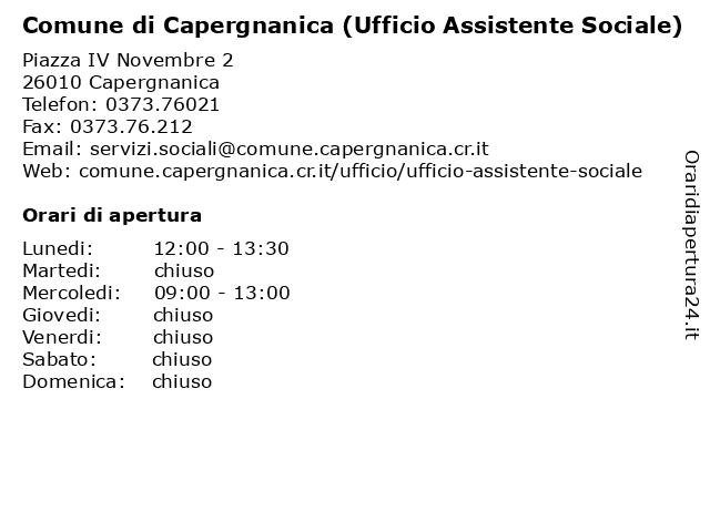 Comune di Capergnanica (Ufficio Assistente Sociale) a Capergnanica: indirizzo e orari di apertura