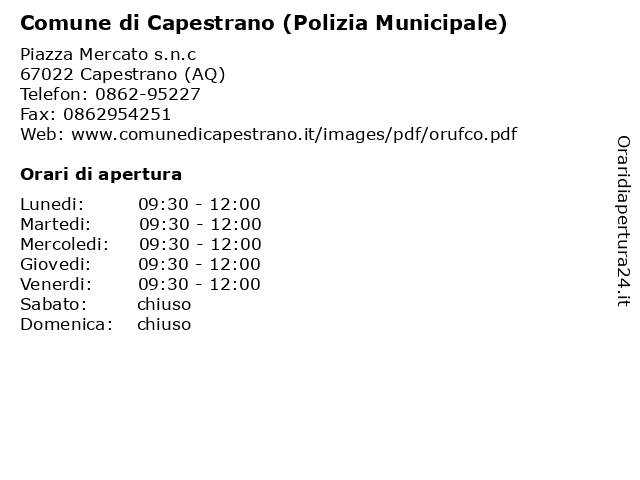 Comune di Capestrano (Polizia Municipale) a Capestrano (AQ): indirizzo e orari di apertura