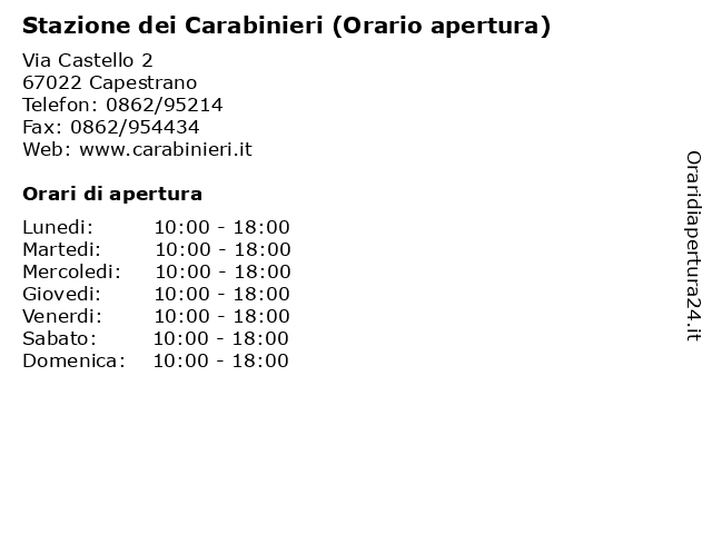 Stazione dei Carabinieri (Orario apertura) a Capestrano: indirizzo e orari di apertura